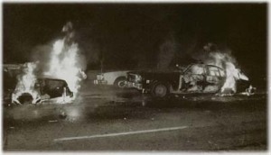 Inspiration: cop cars burning on the eve of white night riots by queers avenging harvey milk's murder. they didn't show that in the sean penn movie did they?